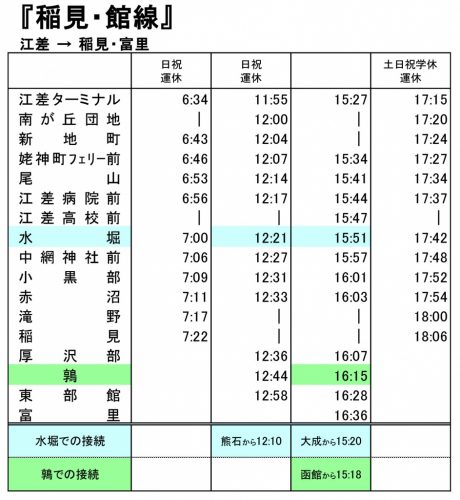 バス時刻表（江差⇒稲見、冨里）2018年11月1日改正